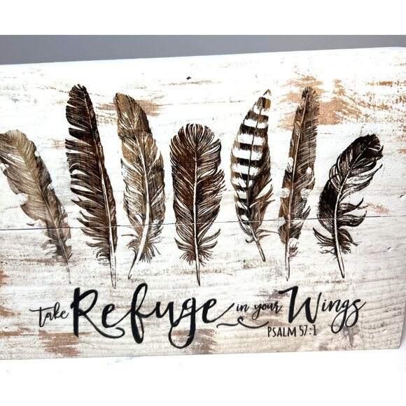 Rustic Wooden Sign With Feather Design & Psalm 57:1 Quote - Picture 2 of 4